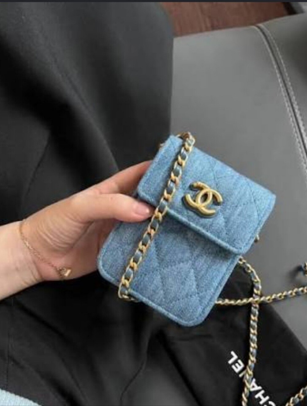 Denim  Quilted CC Mini Crossbody Bag with Gold Chain